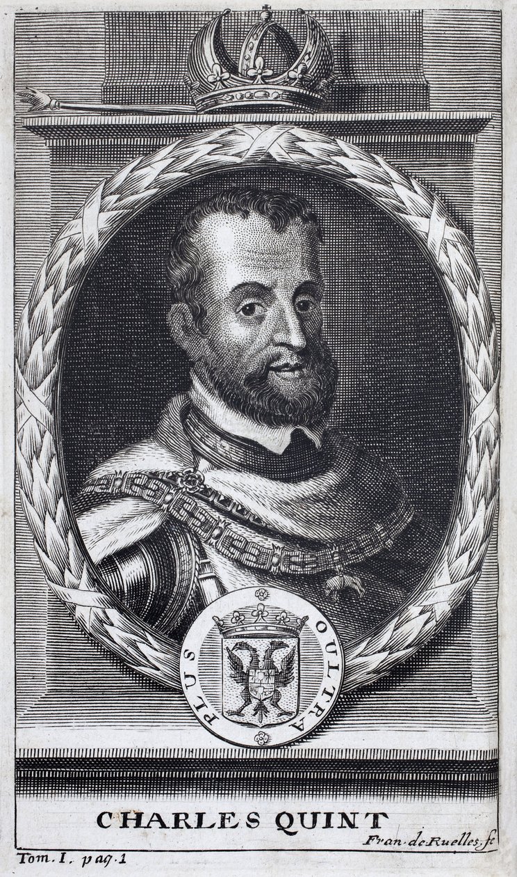Porträtt av Karl V (1500-1558), kung av Spanien och spanska Amerika, kung av Sicilien och kejsare av det heliga romerska riket germansk (1519-1556). Gravyr för att illustrera "History of the War of Flanders", av Flamianus Strada, upplagan Joseph T