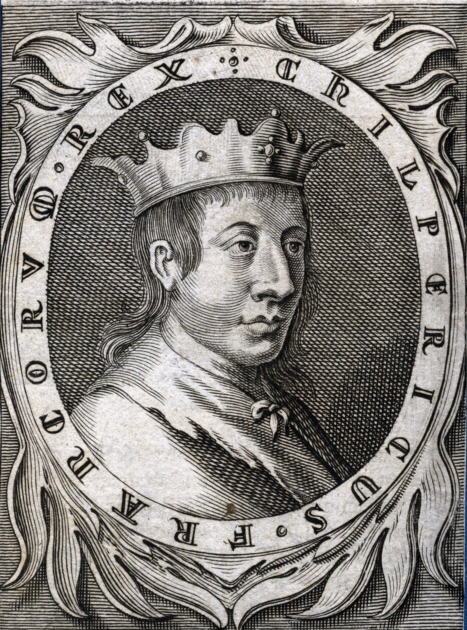 Porträtt av Chilperik II (v. 670 - 721), kung av Neustrien. 1700-talsgravyr. av Unknown artist