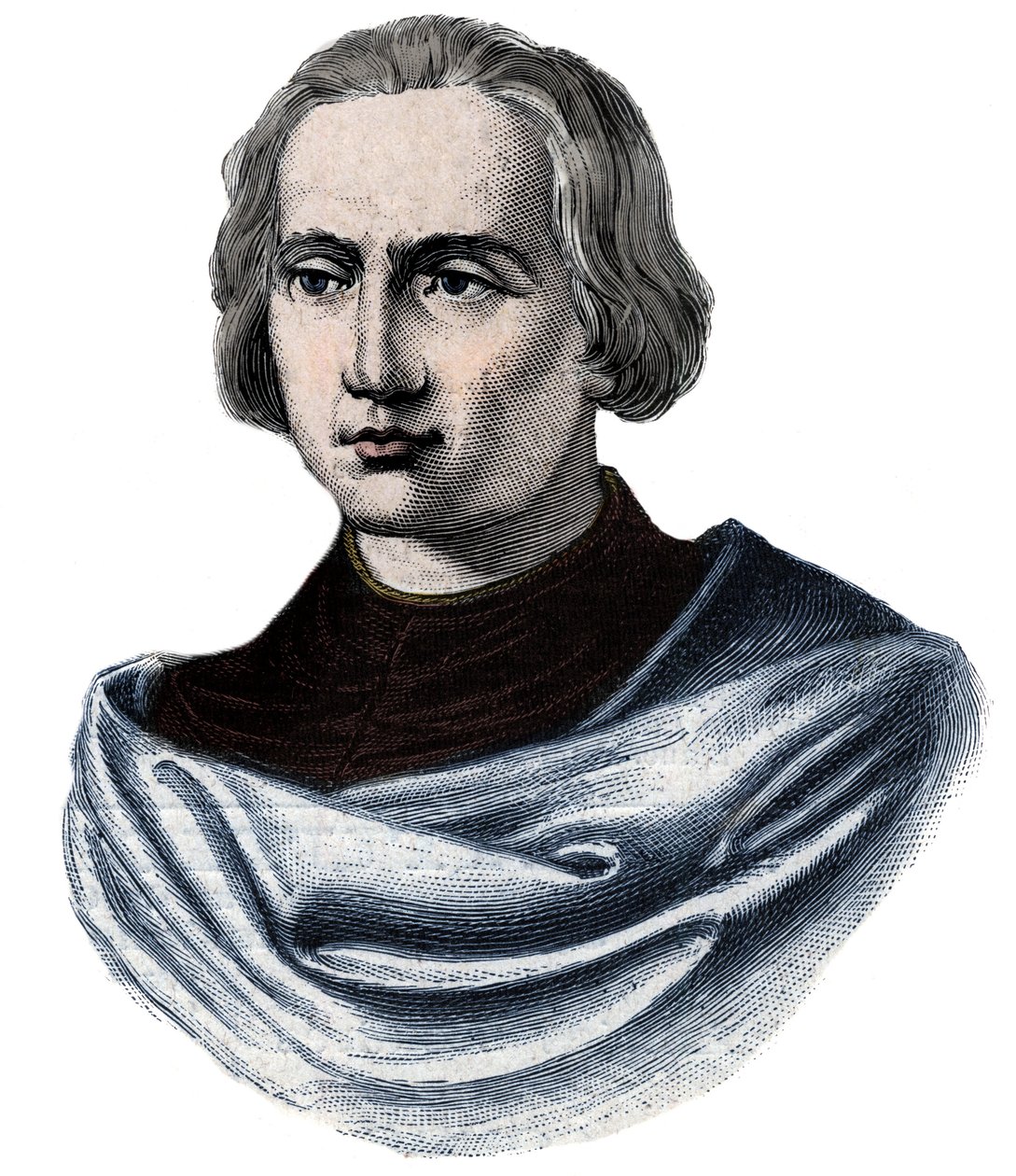 Porträtt av Christopher Columbus (Christopher Columbus, Cristoforo Colombo, Cristobal Colon) (1451-1506) Gravyr från 1800-talet av Unknown artist