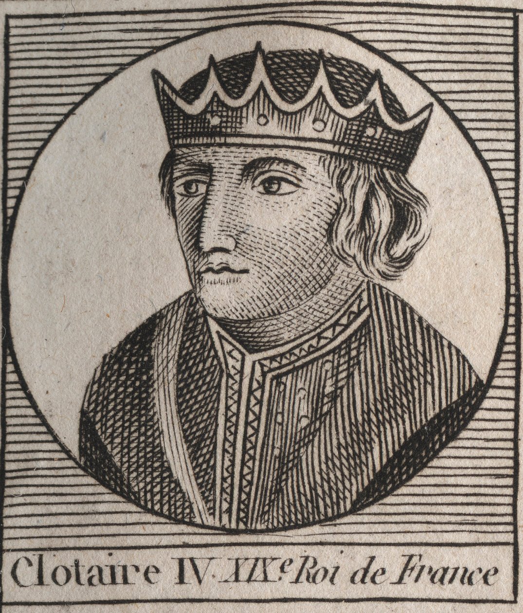 Porträtt av Clothaire (Clothaire) IV (ca 685-719), kung av frankerna av Austrasien från 717 till 719 - Chlothar IV (eller Chlotar) kung av frankerna - gravyr från "" Instruction sur l
