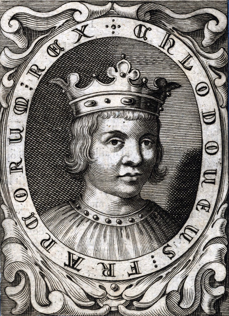 Porträtt av Clovis III (? - 695), kung av Austrasien. 1700-talsgravyr av Unknown artist