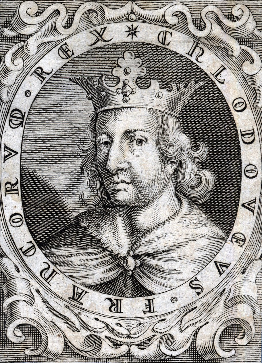 Porträtt av Clovis II (? - 657), kung av Neustrien, Bourgogne och Austrasien gravyr från 1700-talet av Unknown artist