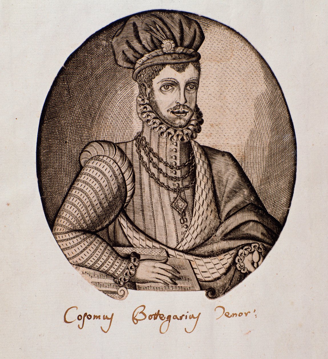 Porträtt av Cosimo Bottegari (1554-1620) italiensk lutenist och kompositör Gravyr. 1600-talets Bologna, medborgarmusikaliskt bibliografiskt museum av Unknown artist