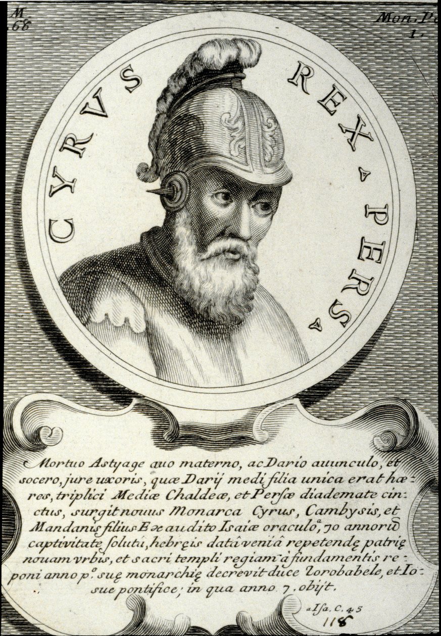 Porträtt av Cyrus II (ca 559-529 f.Kr.) kallad Cyrus den store, grundaren av det persiska riket. Gravyr av 1700-talets privatsamling av Unknown artist