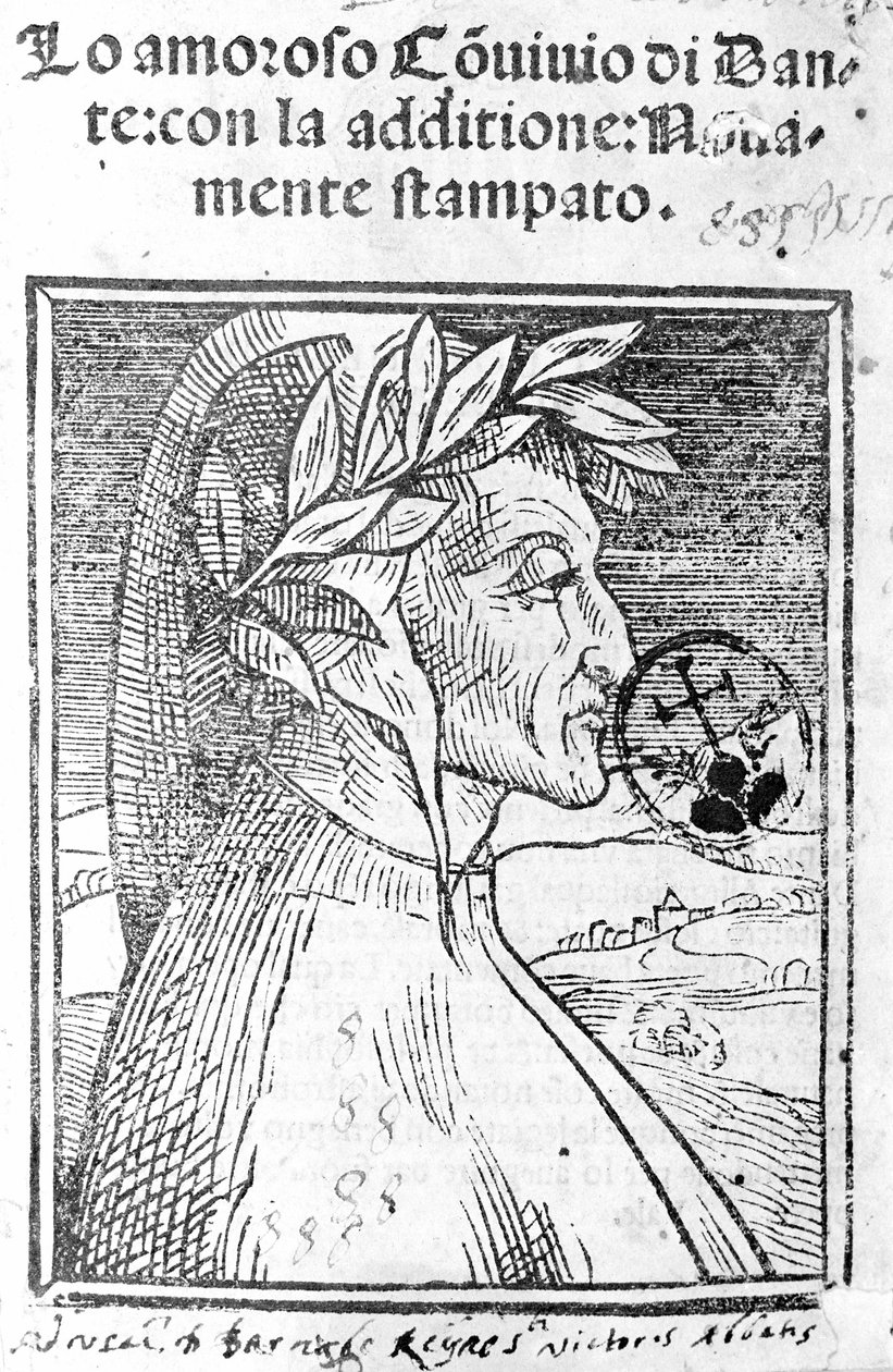 Porträtt av Dante Alighieri (1265 - 1321), italiensk poet. Frontispice av "" Il Convivio "" av Unknown artist