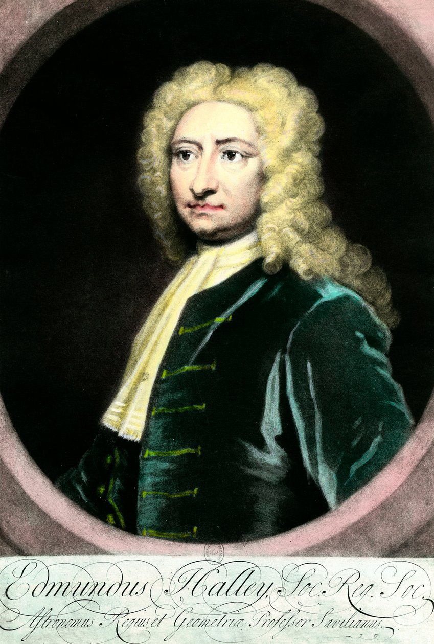 Porträtt av Edmond (Edmund) Halley (1656-1742), brittisk astronom”” Gravyr av 1700-talssamlingen Particuliere av Unknown artist
