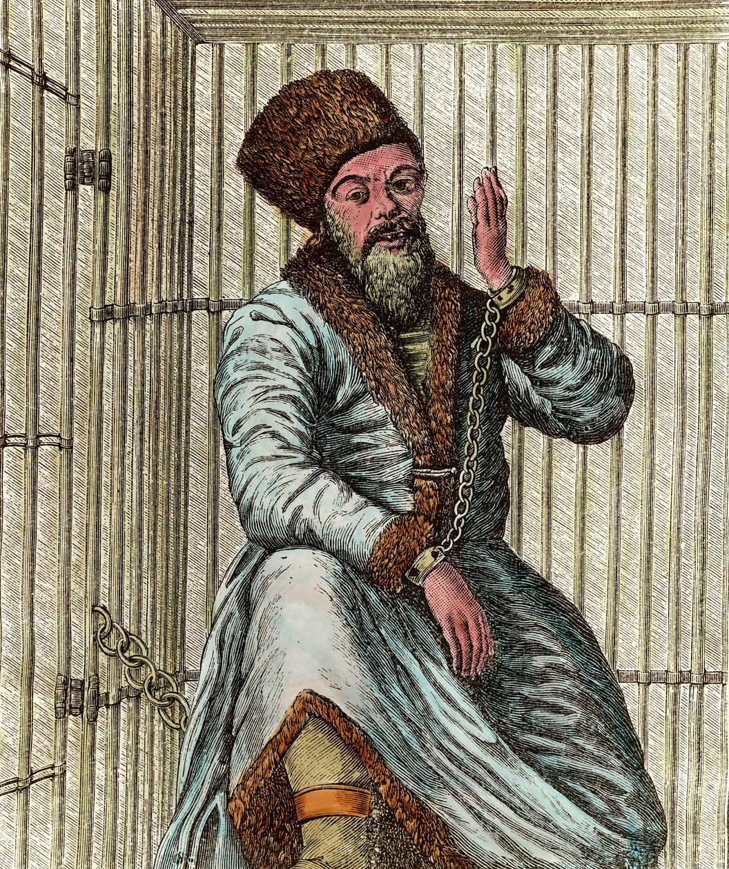 Porträtt av Emelian Ivanovich Pugachev (Jemelian eller Emilian Pugachev) (1742-1775), kosackledare under det ryska bondekriget 1773-1775 (Jacquerie av Yaik-kosackerna), fängslad i sin bur och visar folket av Unknown artist