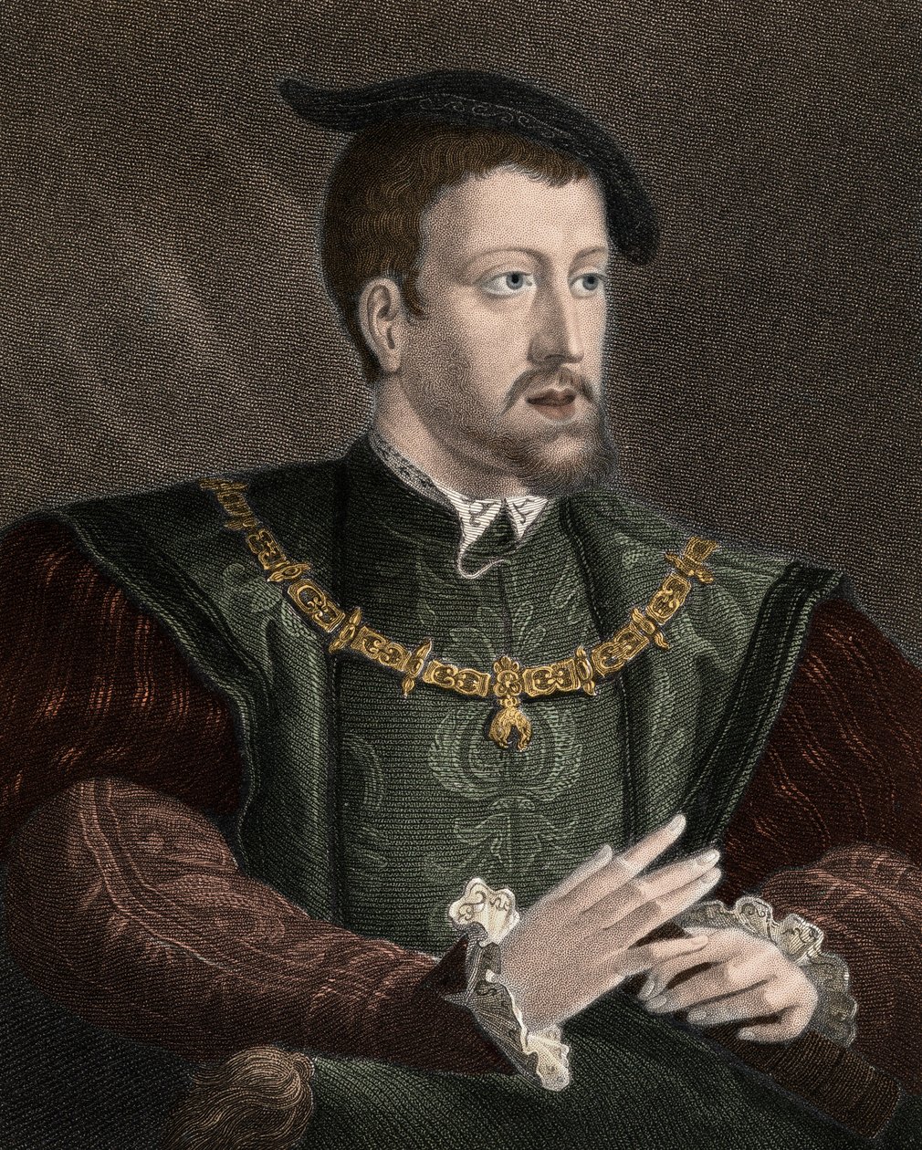 Porträtt av kejsar Karl V (1500-1558) med halsbandet av Guldfleeceorden - Karl V (1500-1558) bär kedjan av Guldfleeceorden runt halsen - gravyr - 1800-talet av Unknown artist