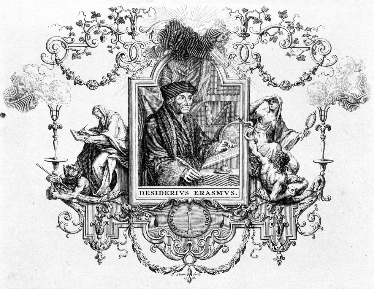 Porträtt av Erasmus med hans skrift - gravyr av Unknown artist