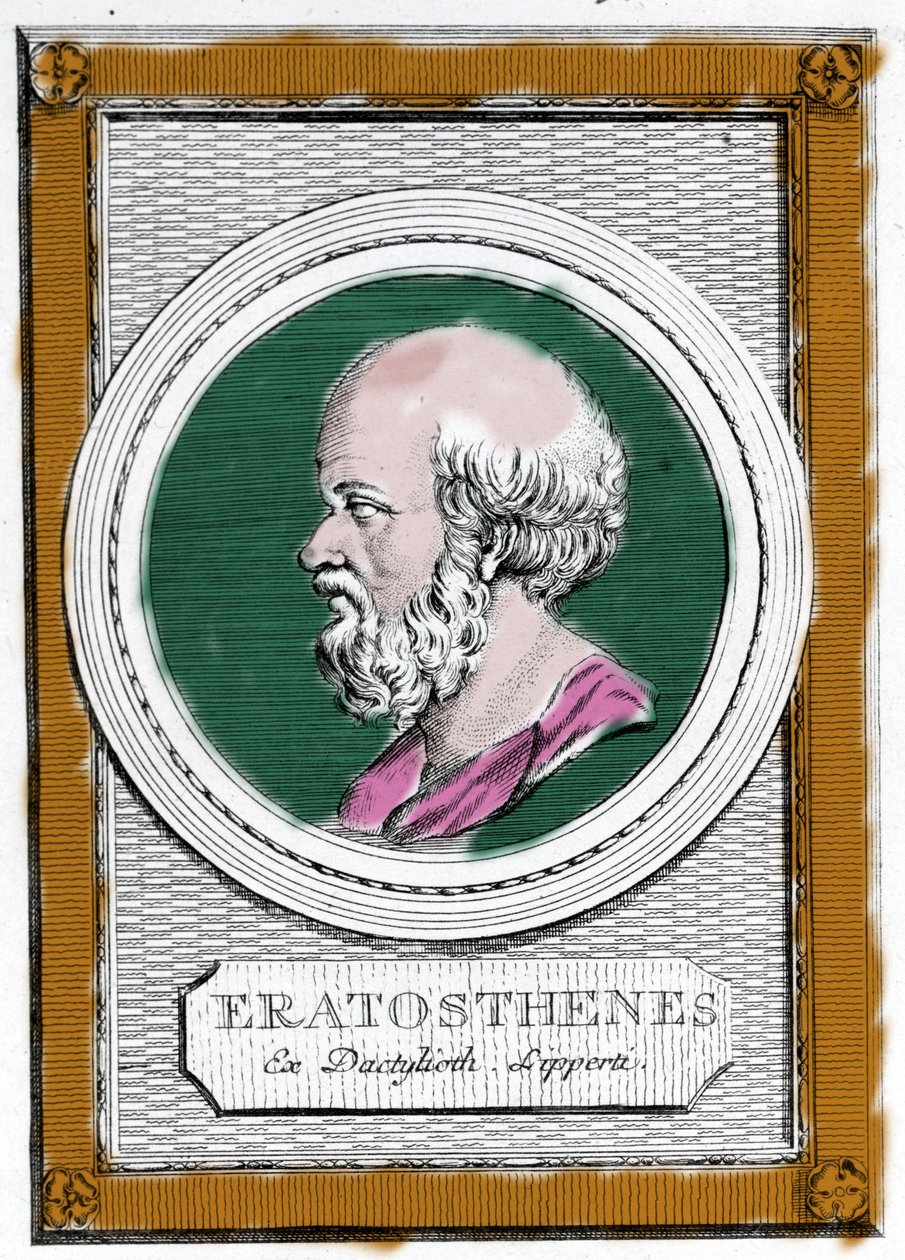 Porträtt av Eratosthene av Cyrene (ca 284 f.Kr. - 194 f.Kr.), grekisk vetenskapsman, geograf och poet. Han var chef för biblioteket i Alexandria och beräknade måttet på den jordiska meridianen. Porträtt av efteråt: "Galleria degli antichi greci e romani" av Unknown artist