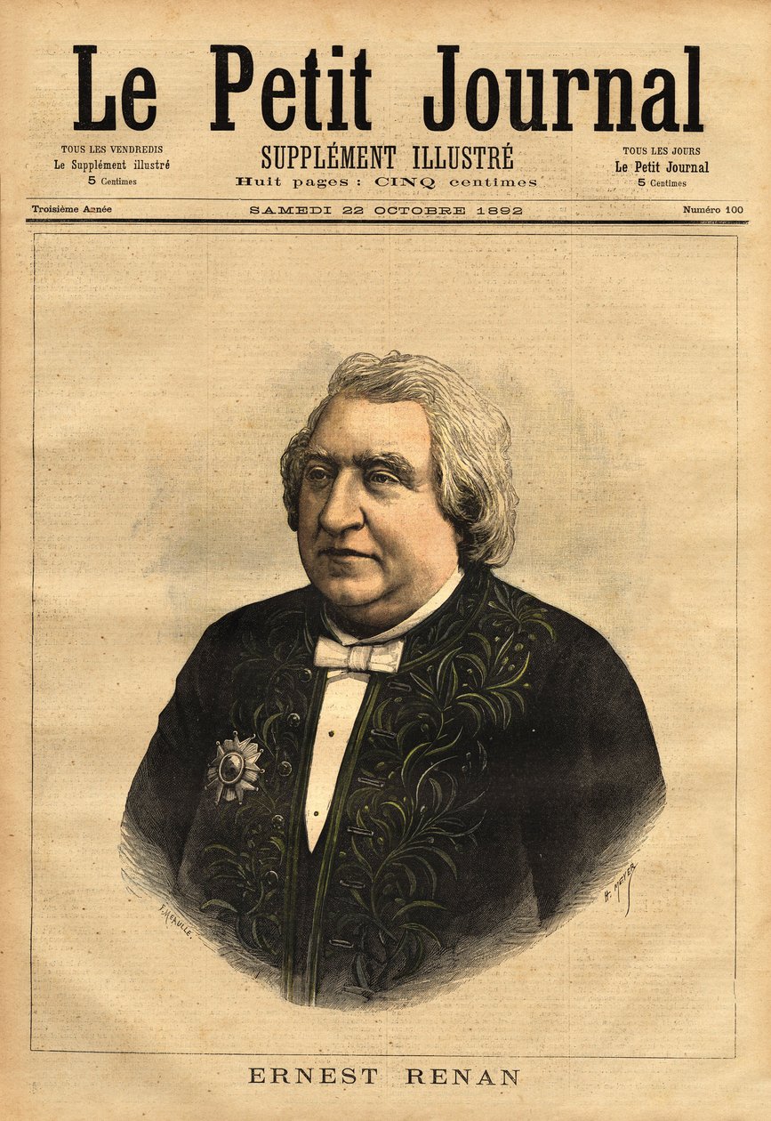 Porträtt av Ernest Renan (1823-1892), författare, filolog, filosof och historiker. Populär författare till "The Life of Jesus", som innehåller denna kontrovers om en biografi om Jesus, återskapad som den om en vanlig man och att Bibeln måste vara kritisk av Unknown artist