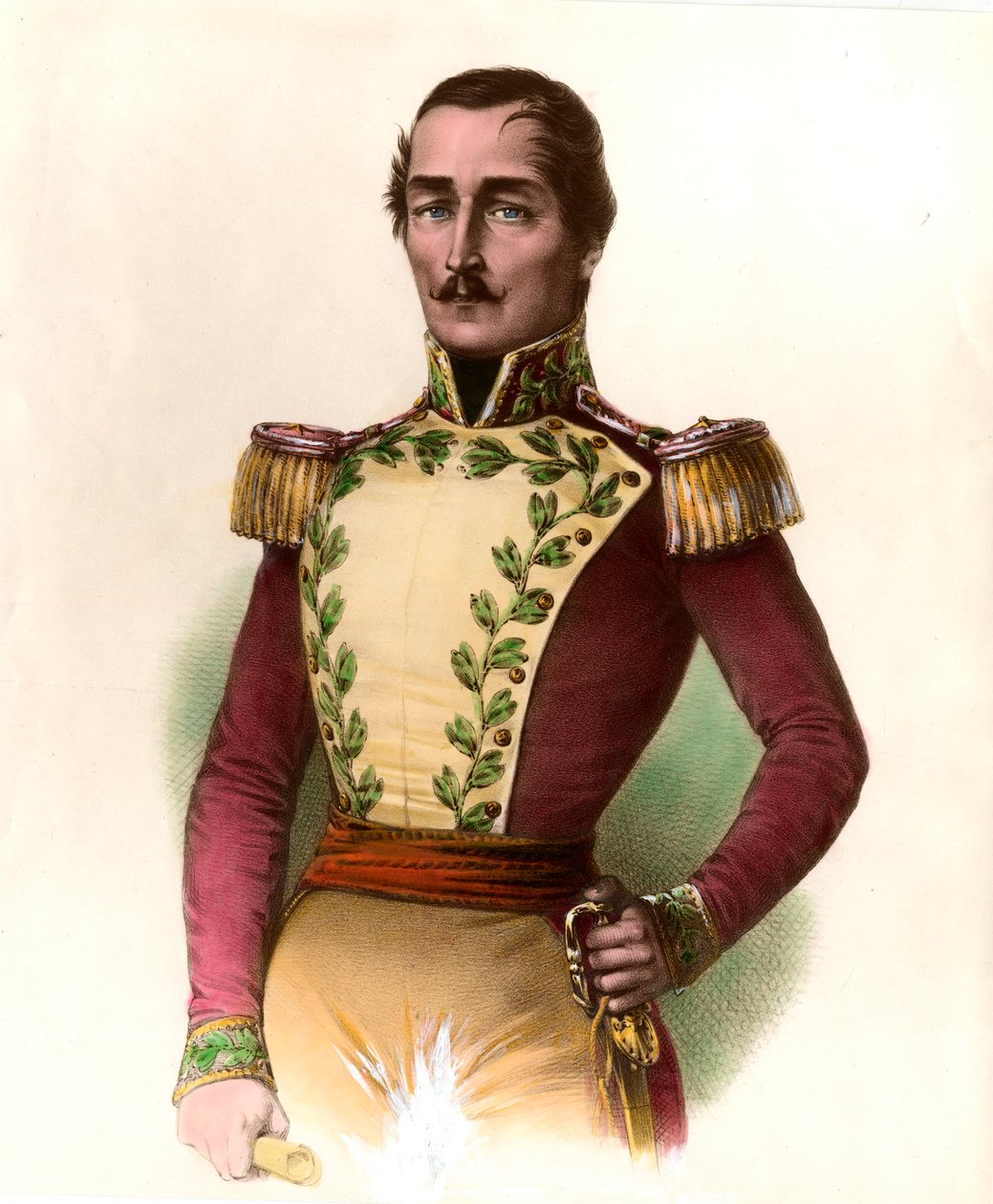 Porträtt av general Santander (Francisco de Paula) (1782-1840), colombiansk militär och statsman, hjältar från 1819 års självständighet. Gravyr från 1836 privatsamling av Unknown artist