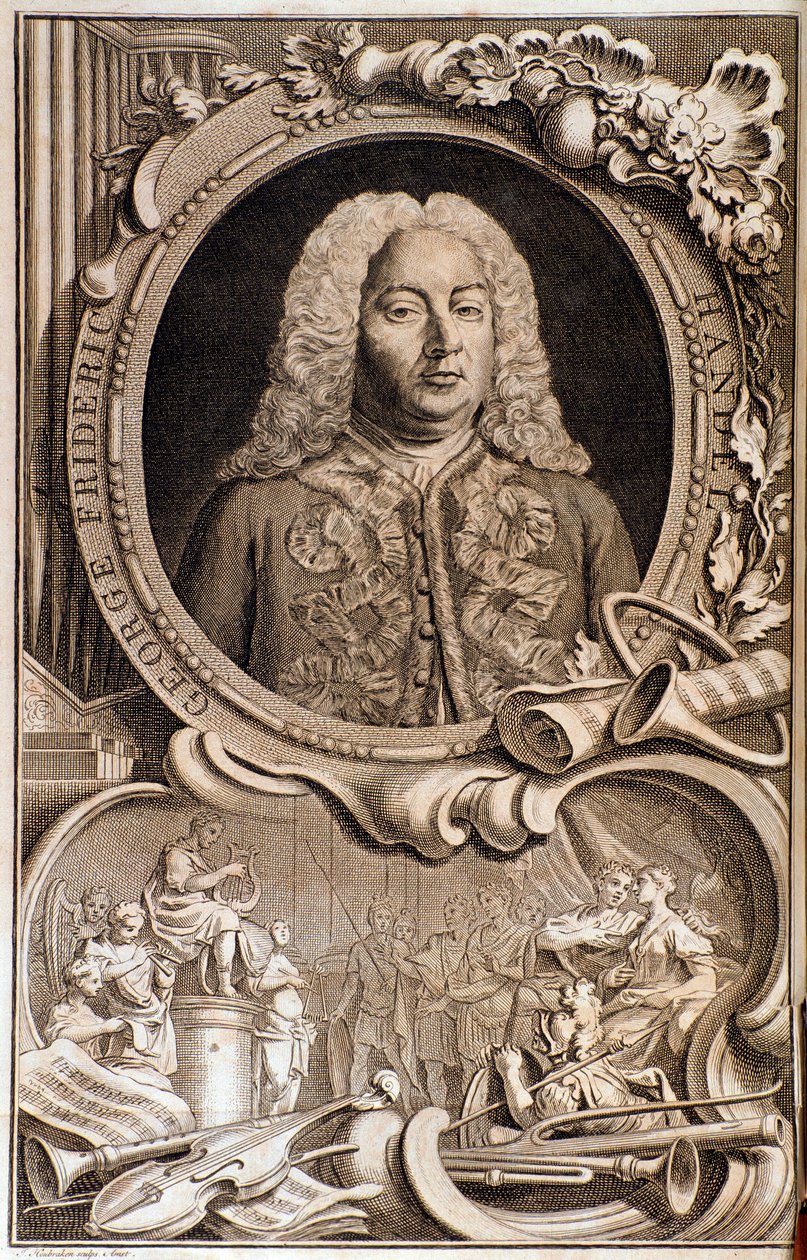Porträtt av Georg Friedrich Handel (ou Handel) (1685-1759) Frontispice av "" Alexanders fest "" "1700-talet. Bologna, civilt bibliografiskt museum av Unknown artist