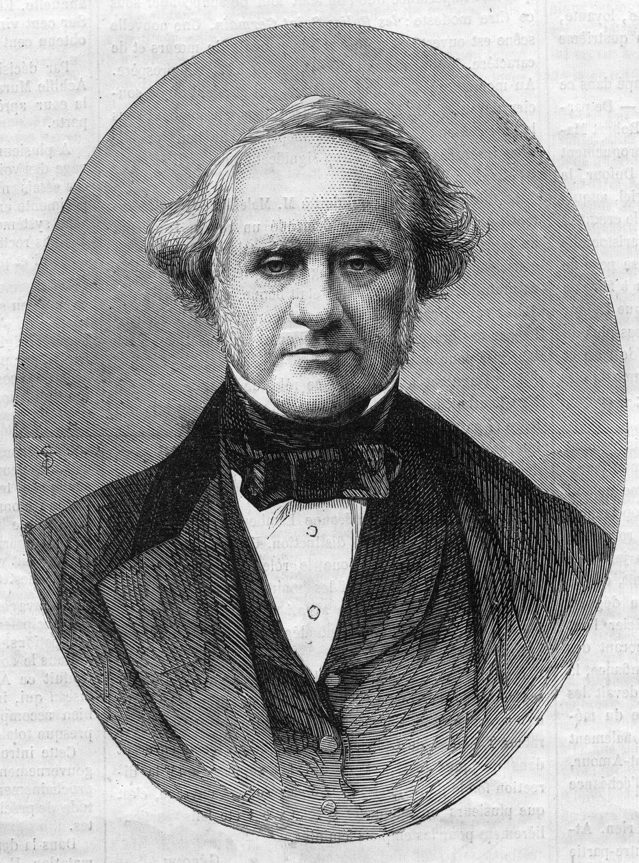 Porträtt av George Peabody (1795-1869) entreprenör och filantrop grundare av Peabody Institute Conservatory vid Johns Hopkins University i Maryland, USA. Gravyr i "" The Illustrious Universe"" av Unknown artist