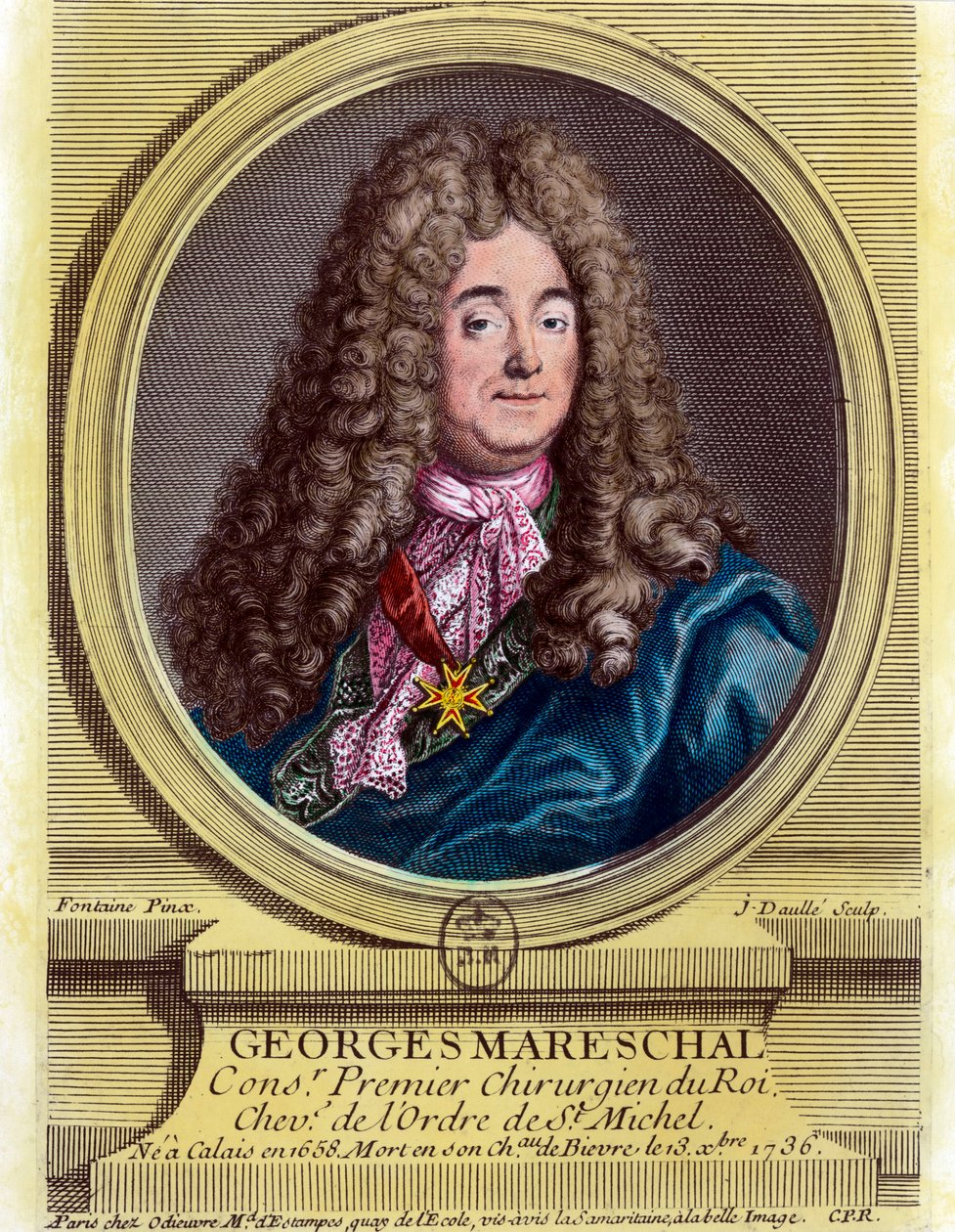 Porträtt av Georges Marechal (1658 - 1736), kungens förste kirurg från 1703 - 1719. Gravyr från 1700-talet. Privat samling. av Unknown artist