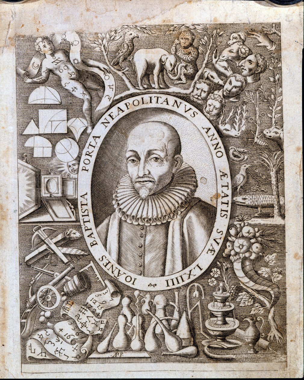 Porträtt av Giambattista (Johannes Döparen, Johannes Döparen) della Porta (1535 - 1615) på framsidan av "Magiae Naturalis". 1600-talet. av Unknown artist