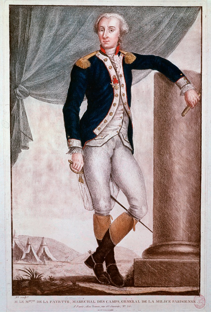 Porträtt av Gilbert du Motier, markis de Lafayette (gravyr av Unknown artist