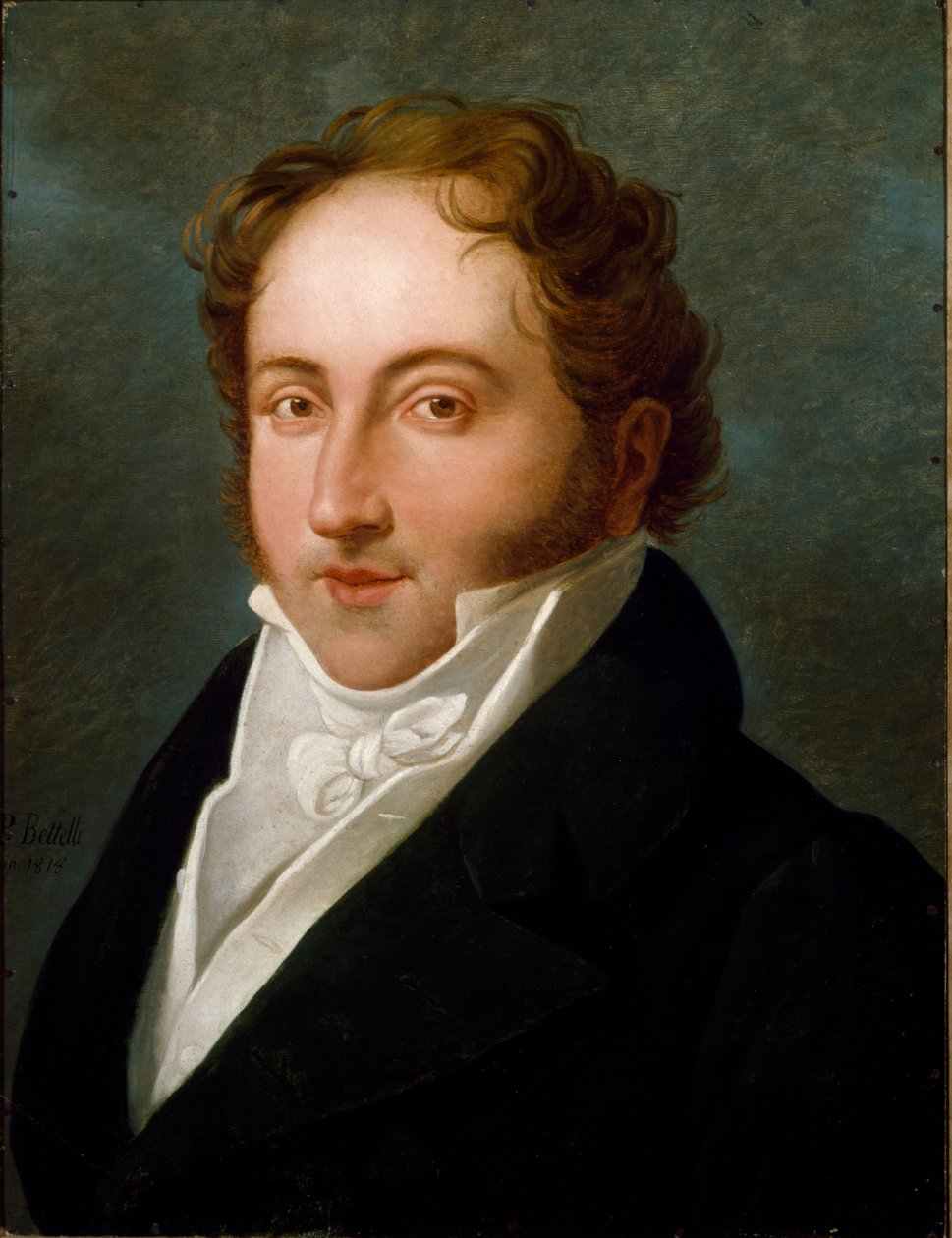Porträtt av Gioachino (Gioacchino) Rossini (1792-1868), italiensk kompositör Anonym målning. 1818 Bologna, Civic Musical Bibliographic Museum - Porträtt av Gioacchino Rossini (1792-1868), italiensk kompositör. Anonym målning 1818. Civico Museo Bibliografi av Unknown artist