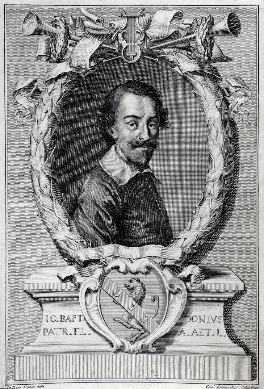 Porträtt av Giovanni Battista Doni (1596-1647) Italiensk musikolog Gravyr från frontispice av "Lyra Barberin"" av Unknown artist