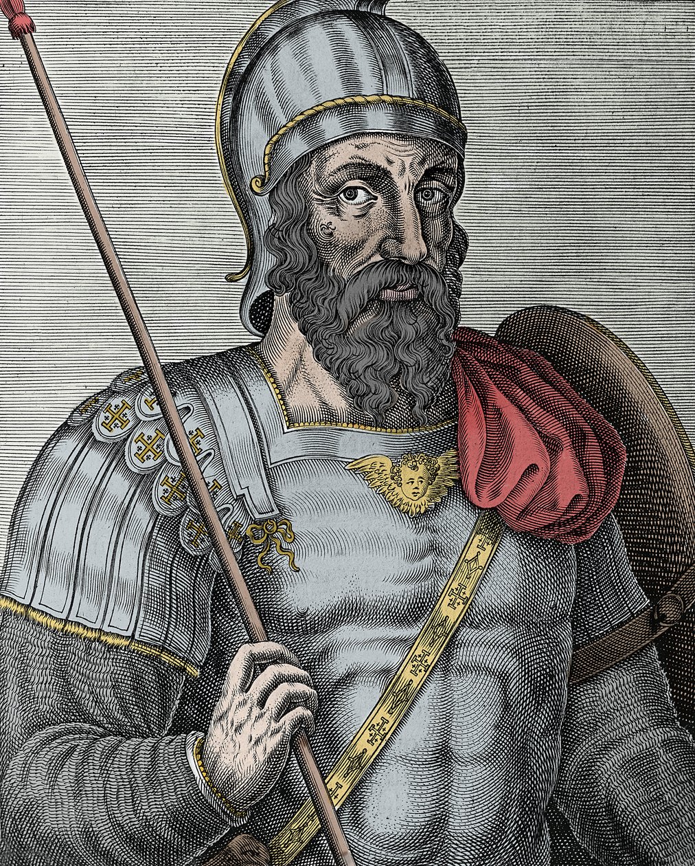 Porträtt av Godfrey av Bouillon (Godefroy de Bouillon) (1040/61-1100), frankisk riddare, en av ledarna för det första korståget - Gravyr 1500-talet av Unknown artist