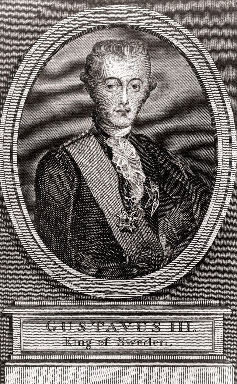 Porträtt av Gustave III (1746-1792), Sveriges kung från 1771 till 1792, gravering av 1787 års "" Collection to the Soldiers of Yesteryear"" av Unknown artist