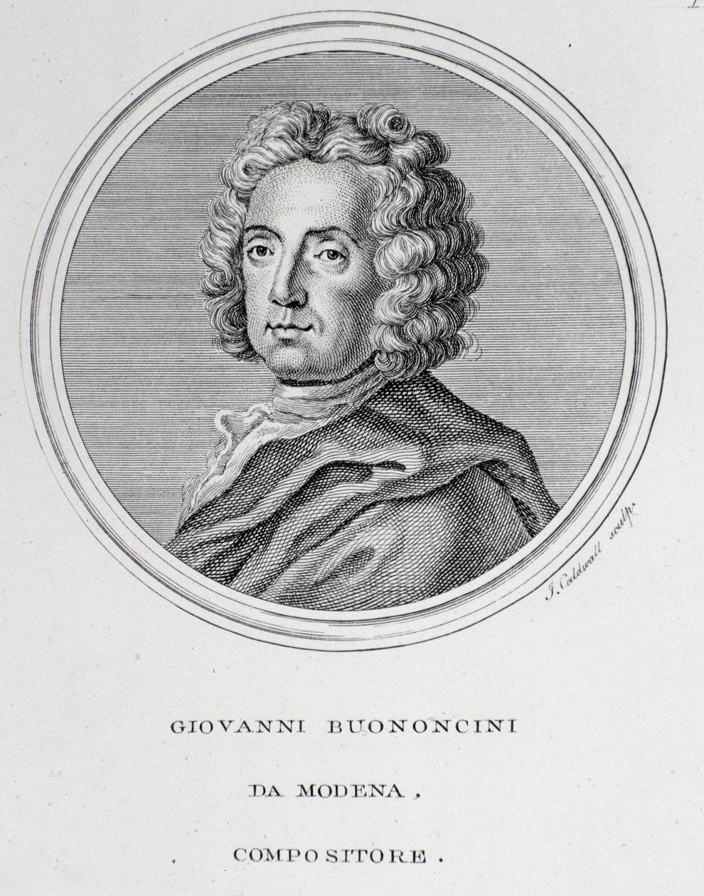 Porträtt av den italienska barockkompositören och cellisten Giovanni Battista Bononcini (1670-1747) Gravyr. 1700-talet. Bologna, civilt bibliografiskt museum av Unknown artist