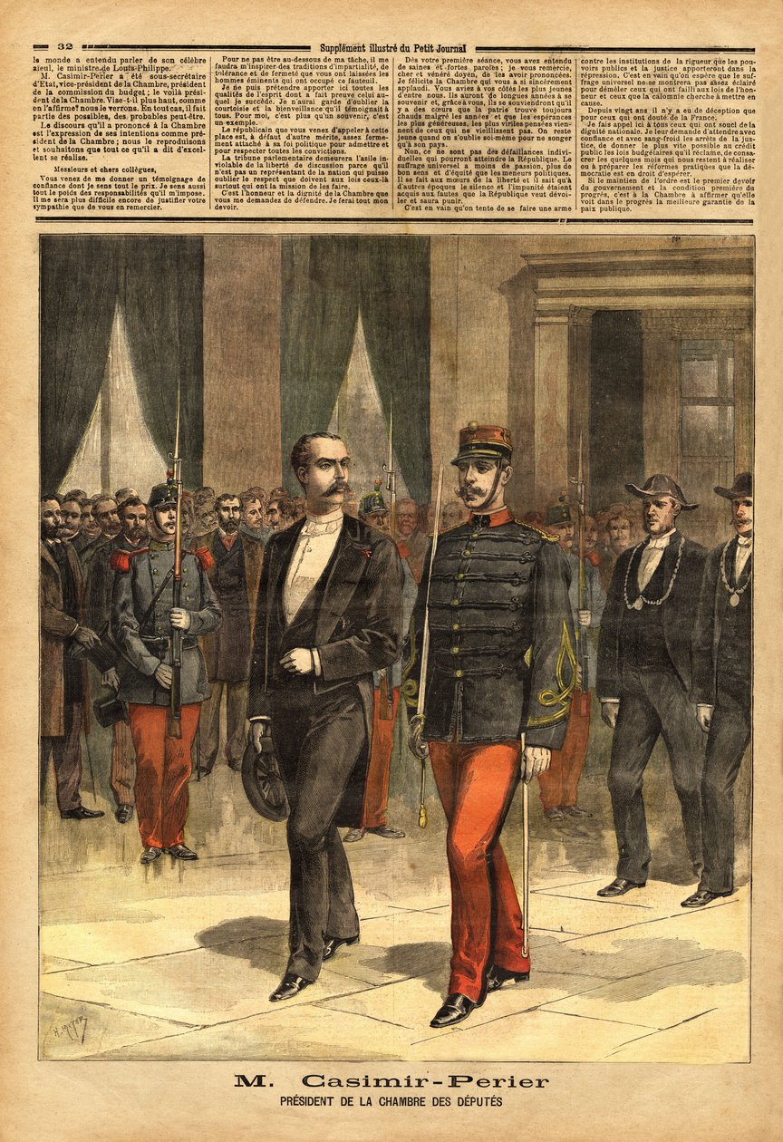 Porträtt av Jean Casimir-Perrier (Casimir Perrier, Casimir Perrier, Casimir-Perrier) (1847-1907), ny ordförande för deputeradekammaren. Gravyr i "" Le petit journal"" 1893-01-28. Selvas samling. av Unknown artist