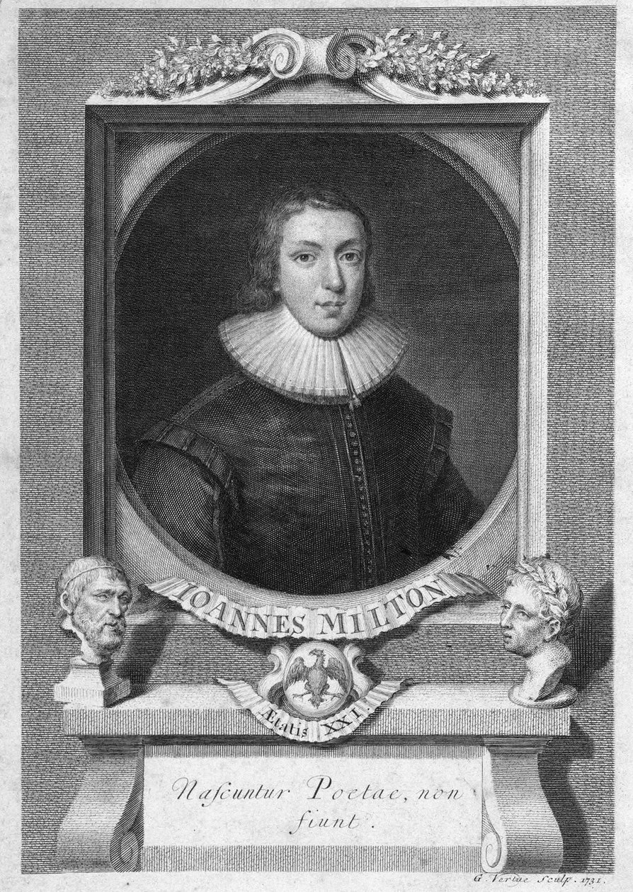 Porträtt av John Milton, engelsk poet och essäist (1608 - 1674) gravyr från 1700-talet av Unknown artist
