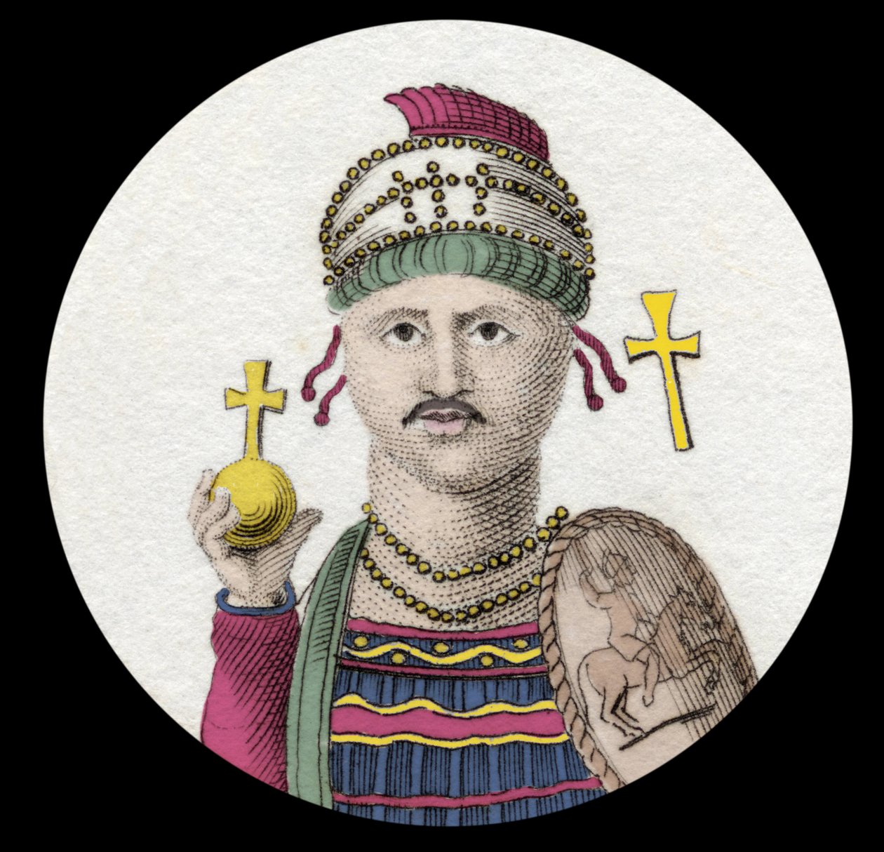 Porträtt av Justinianus I (Den store) (Flavius Petrus Sabbatius Justinianus) (482-565). Romersk kejsare av Orienten. Gravyr av 1800-talet. av Unknown artist