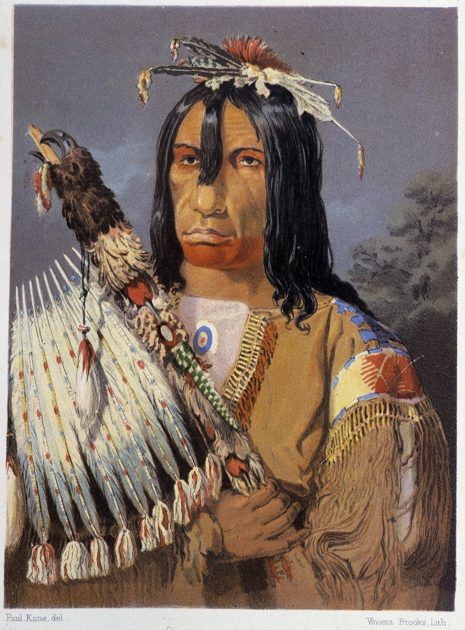 Porträtt av Kee-Ake-Saa-Ka-Wow med kalumet - i "" Wandering of an artist among the indians of north america"" av Paul Kane, Longmans & Roberts, London av Unknown artist
