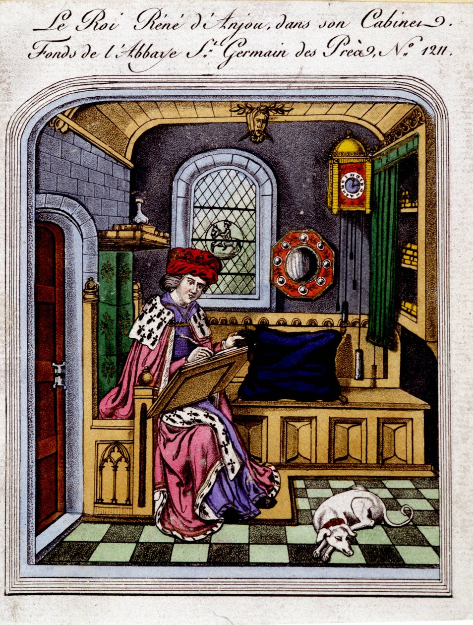 Porträtt av kung René av Anjou (1409-1480)”” kallar också René I av Neapel eller René av Sicilien, i sitt kabinett - gravyr efter en miniatyr av Unknown artist