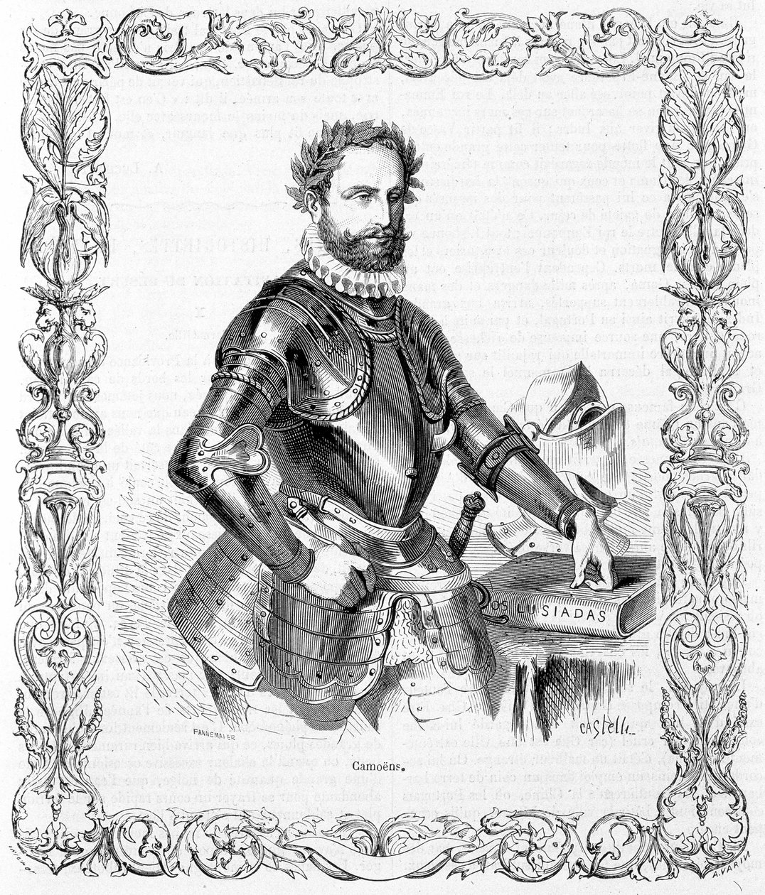 Porträtt av Luis de Camoens i rustning - gravyr av Unknown artist