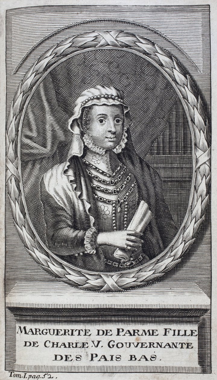 Porträtt av Margarita av Parma (eller Margarita av Österrike) (1522-1586), hertiginna av Parma och Piacenza, naturlig dotter till Karl V (1500-1558) och guvernant i Nederländerna (Nederländerna) från 1559-1581. Gravyr för att illustrera "History of the War av Unknown artist