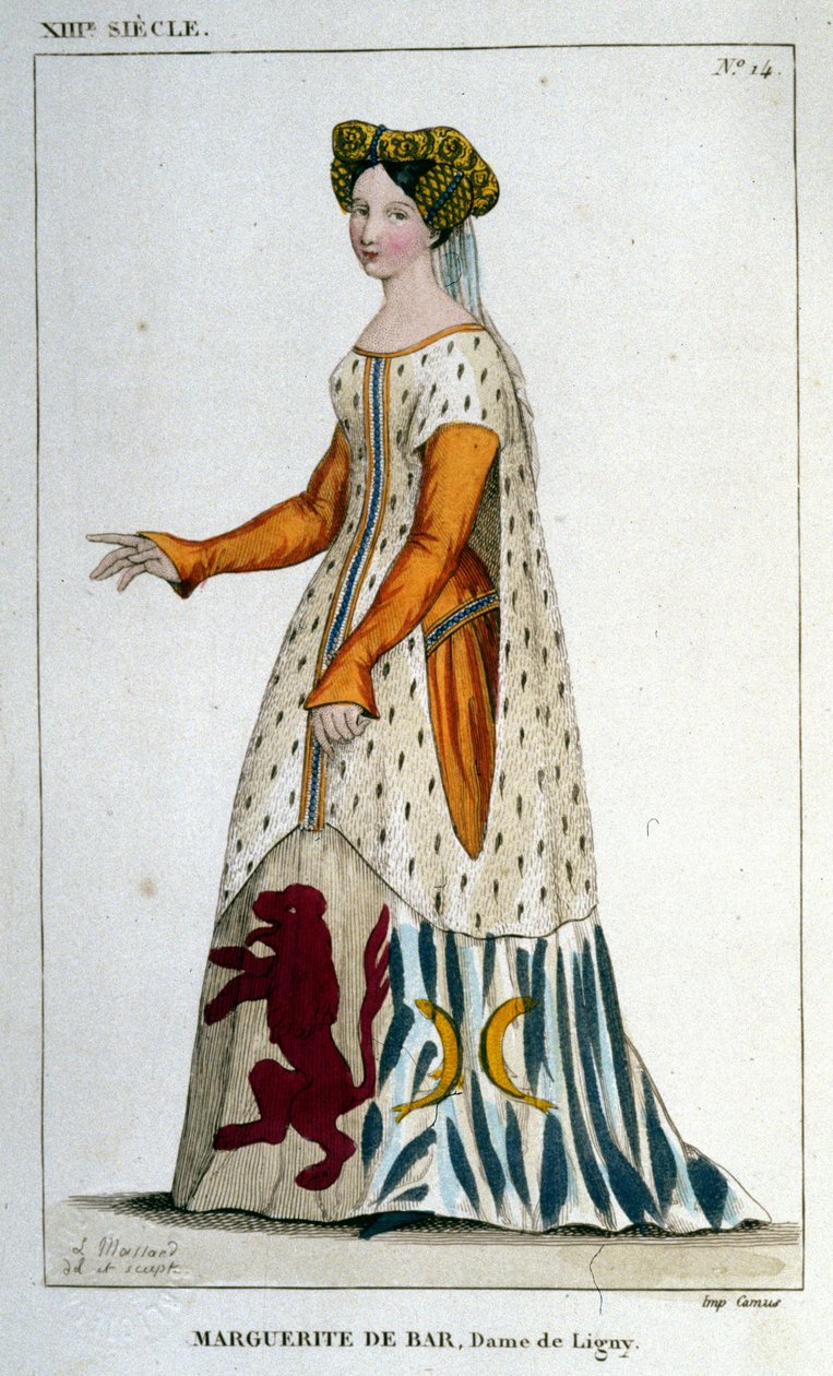 Porträtt av Marguerite de Bar, damen av Ligny (ca 1223 - 1275), gravyr från 1830. av Unknown artist