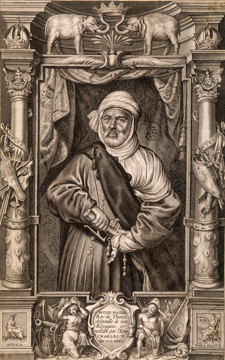 Porträtt av Muley Hazen (morisk kung), kung av Thunes fråntagen sitt rike och återställd av kejsar Karl V, Tunisien 1535. av Unknown artist