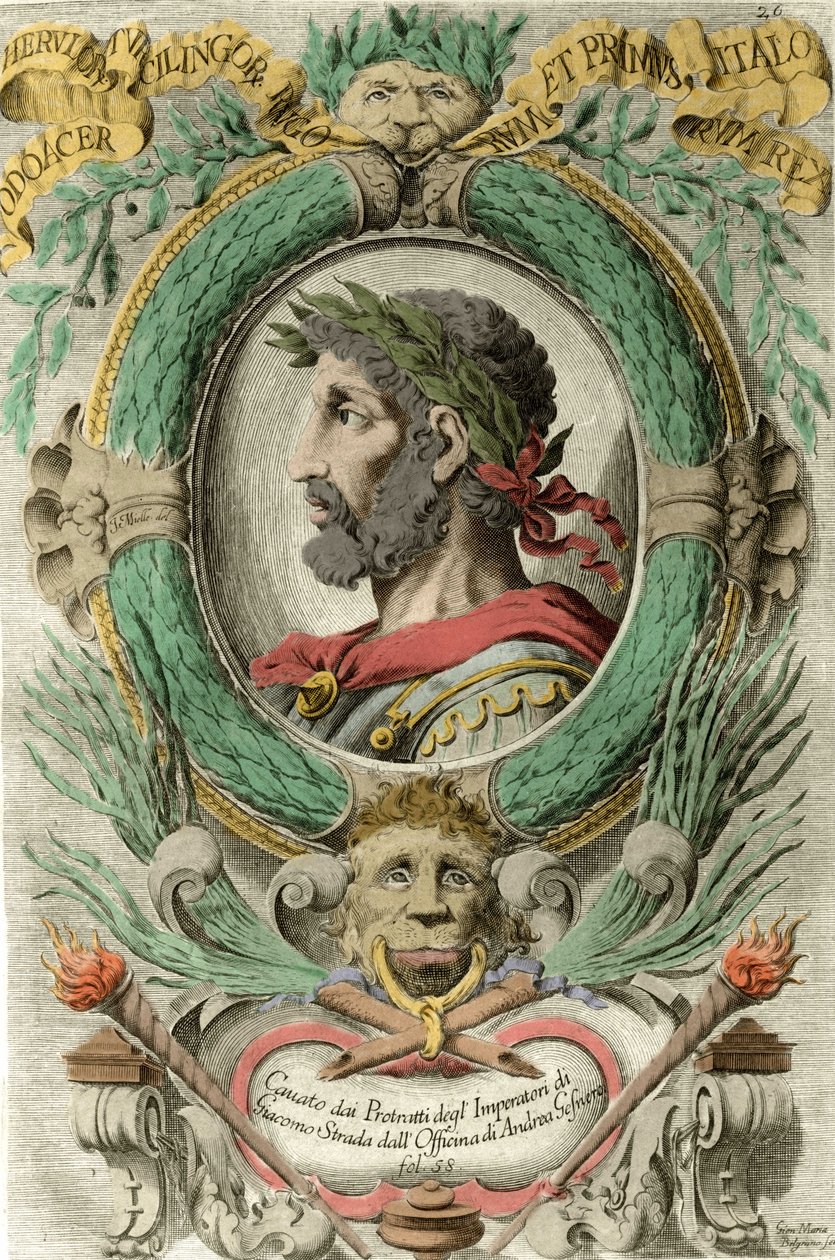 Porträtt av Odoacre (Odovacar), ledare för herulerna som är allierade med hunnerna och minister i Attila (435-493). Gravyr av 1700-talet. av Unknown artist