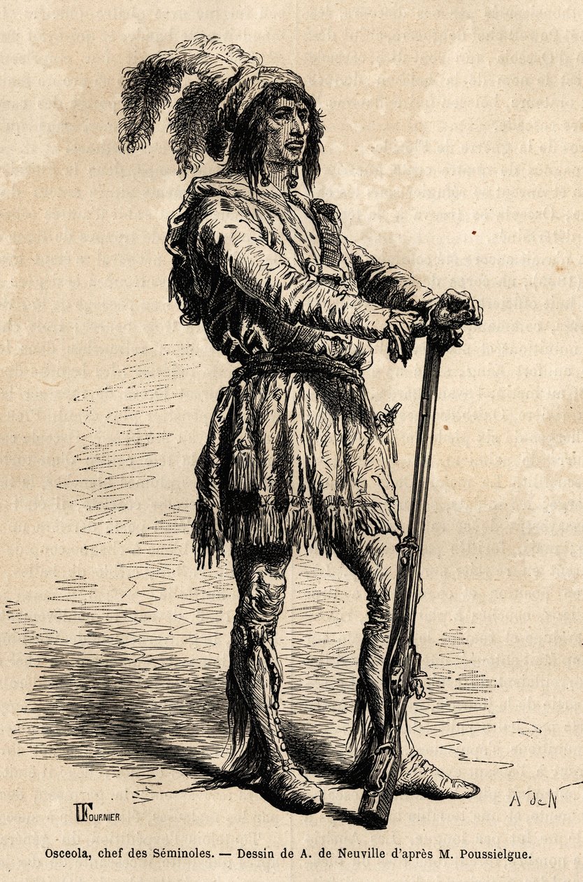 Porträtt av Osceola (1804-1838), ledare för seminoler, i spetsen för det indiska motståndet mot USA under Floridakriget (1835-1842). Gravyr för att illustrera berättelsen fyra månader i Florida, av Achille Pousselgue 1851-1852, publicerad av Unknown artist