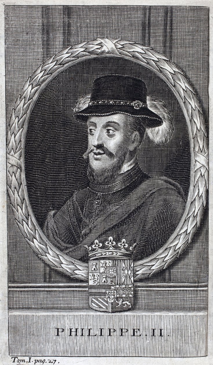 Porträtt av Filip II av Spanien (Felipe) (1527-1598), kung av Spanien och Portugal. Gravyr för att illustrera "History of the War of Flanders", av Flamianus Strada, upplagan Joseph T