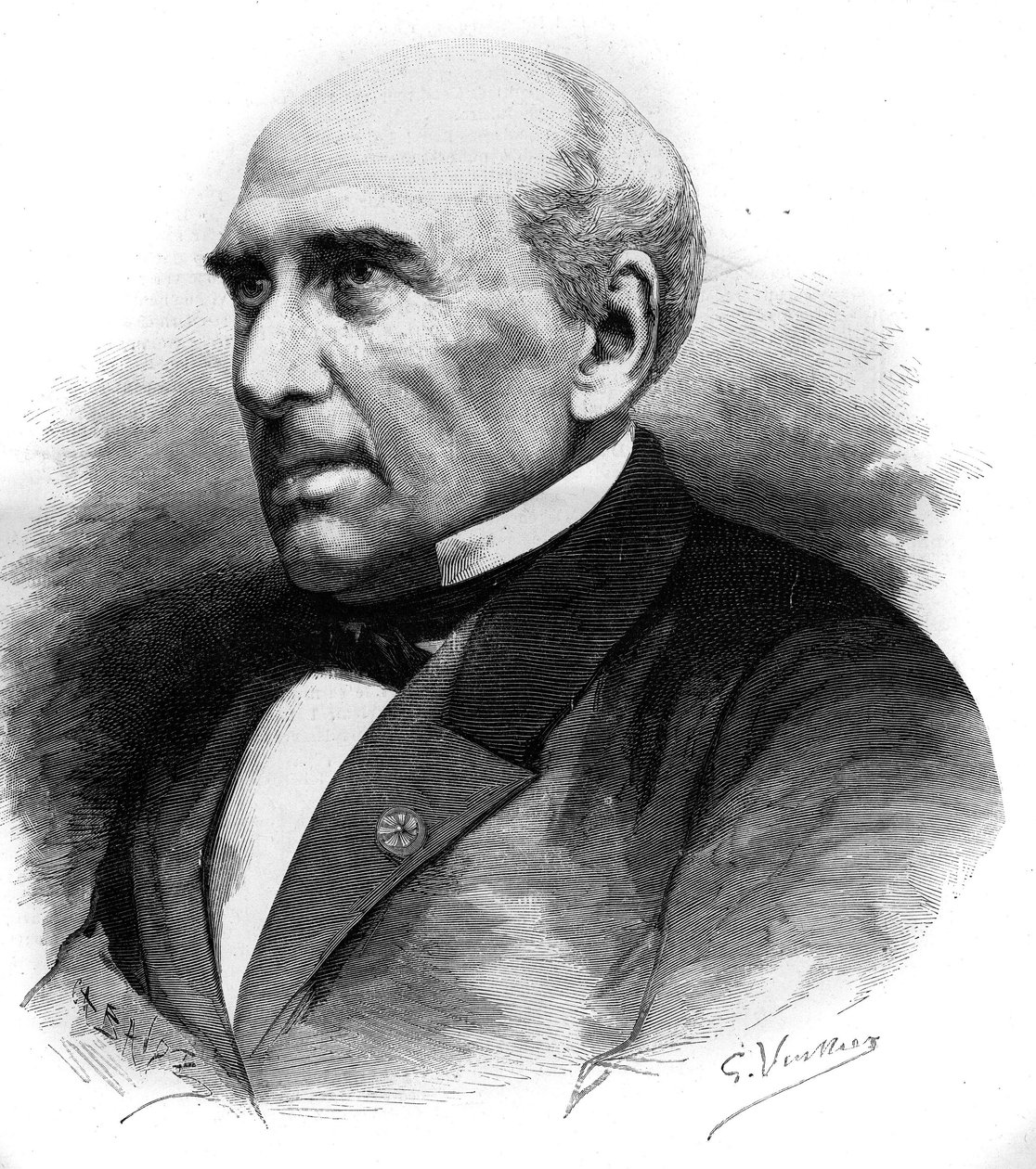 Porträtt av Pierre Guillaume Frederic Le Play (Pierre-Guillaume-Frederic) (1806-1882), fransk ingenjör och sociolog. Gravyr i "" Le Monde Illustré"" nr 1306 av den 8 april 1882. av Unknown artist