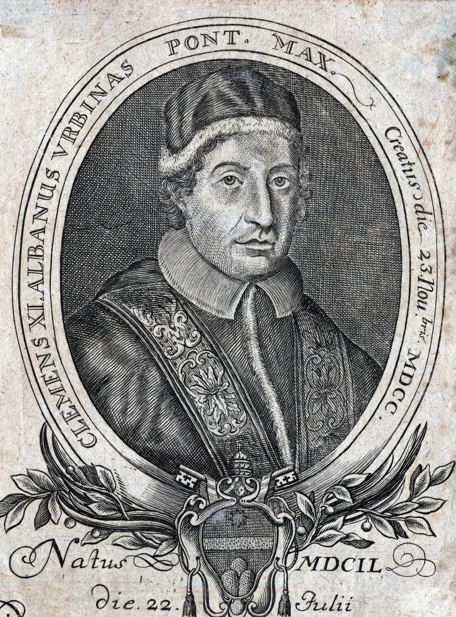 Porträtt av påven Clemens XI (Gianfrancesco Albani) (1649 - 1721), 241:e påven. 1700-talsgravyr av Unknown artist