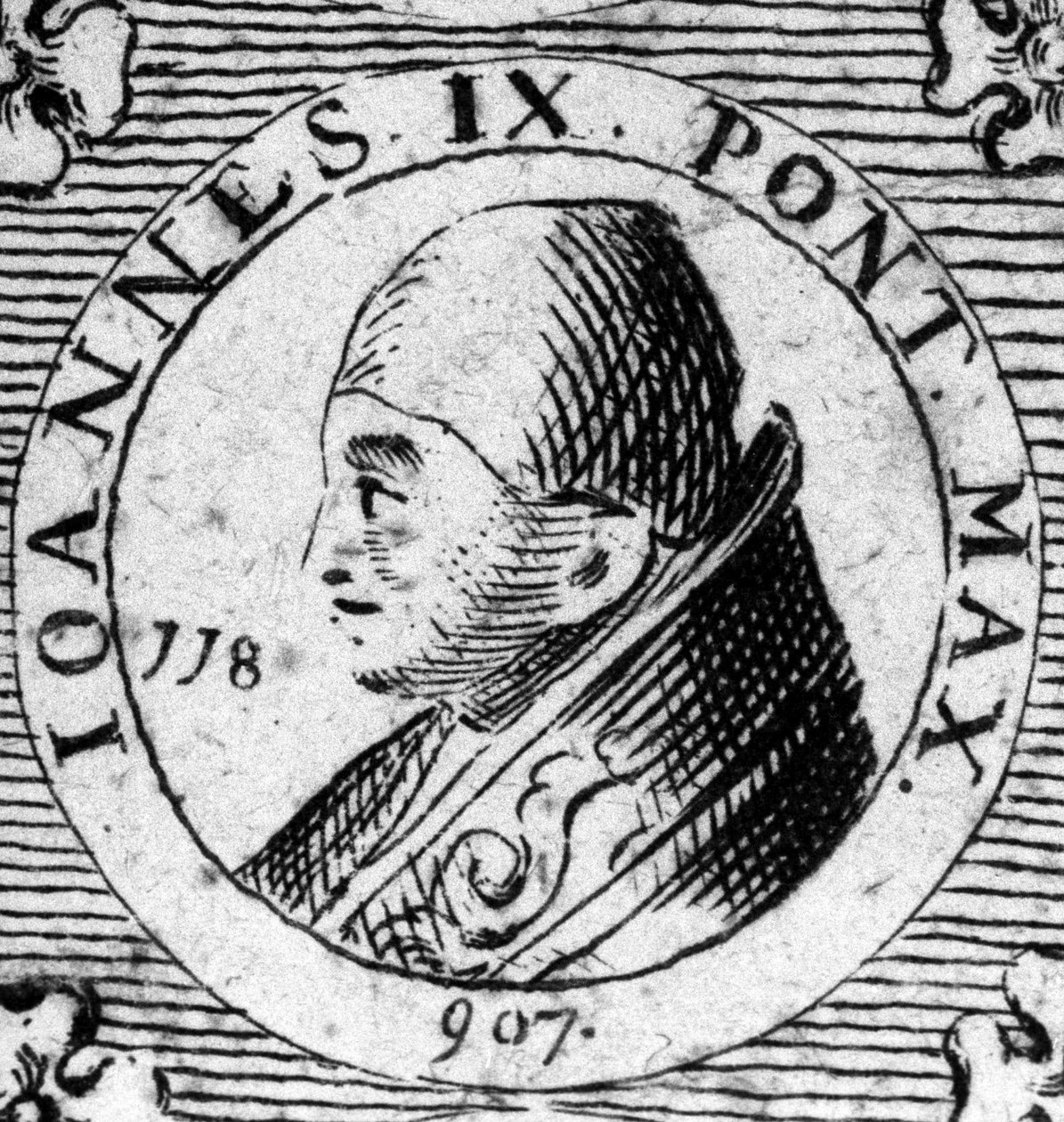 Porträtt av påven Johannes IX (898-900). av Unknown artist