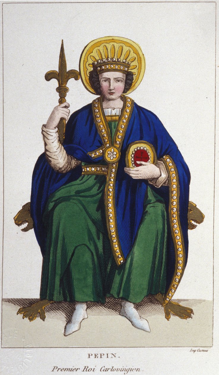 Porträtt av Pépin le Brief (v. 714 - 768), frankernas kung, första karolinergravyr från 1830 av Unknown artist