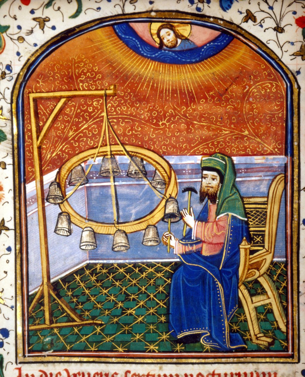 Porträtt av Pythagoras (ca 570 - cirka 480 f.Kr.), grekisk matematiker och filosof, som spelar ett slaginstrument (klockor), miniatyr från 1400-talet. av Unknown artist