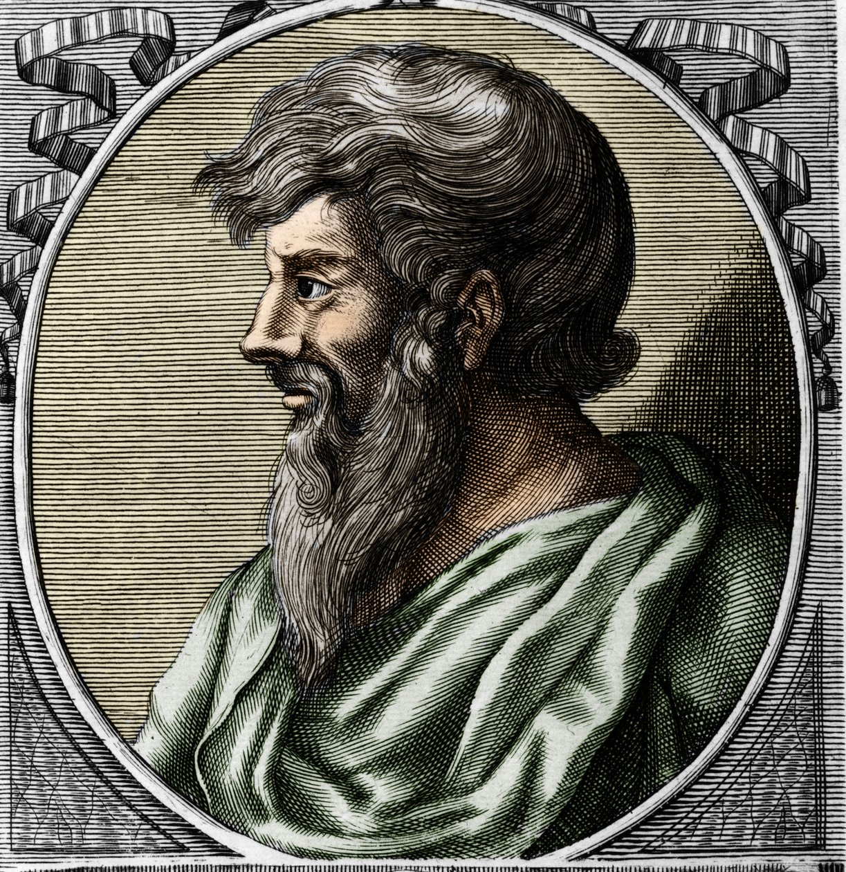Porträtt av Pythagoras (ca 570 - ca 480 f.Kr.), grekisk matematiker och filosof. Gravyr av 1700-talet av Unknown artist