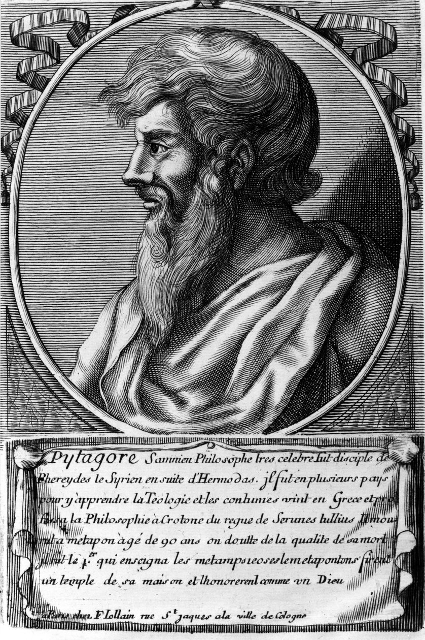Porträtt av Pythagoras (ca 570 - ca 480 f.Kr.), grekisk matematiker och filosof. Gravyr av 1700-talet av Unknown artist