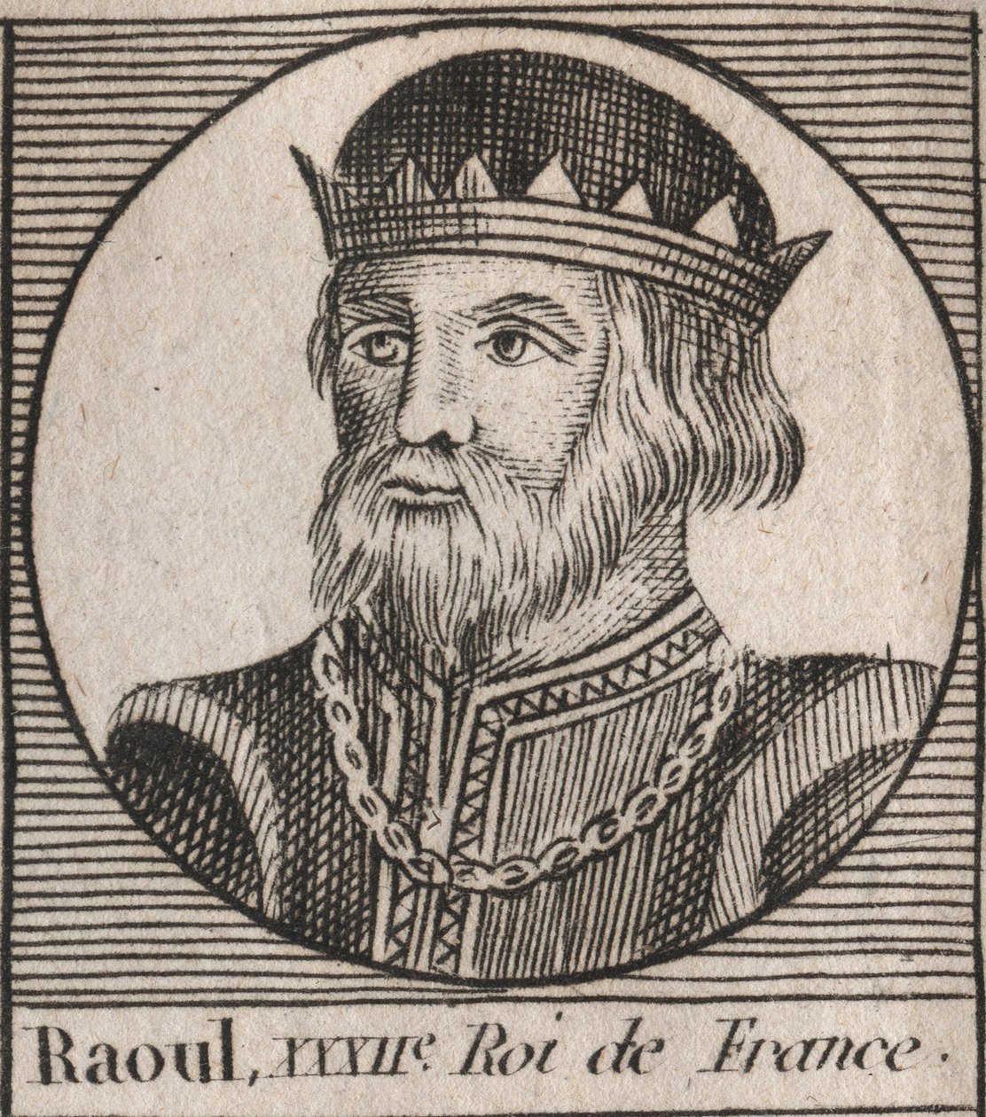 Porträtt av Raoul av Frankrike (eller Rodolphe, ca 890-936) Frankens kung - Rudolph (Raoul, Rodolphe) av Bourgogne, Frankrikes kung (923-936) - gravyr från "Instruction sur l