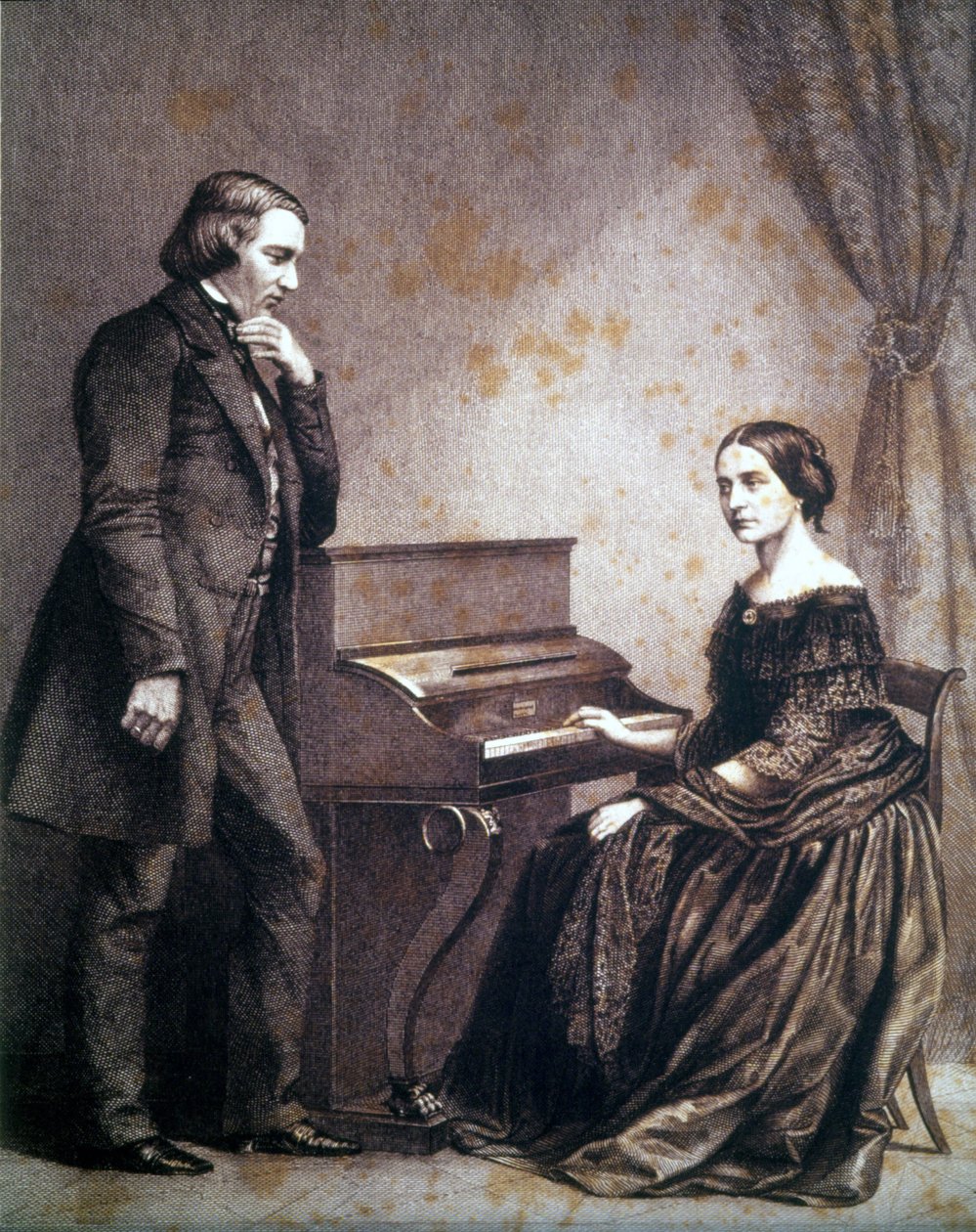 Porträtt av Robert Schumann (1810 - 1856), tysk kompositör, och Clara Schumann (1819 - 1896), tysk pianist. av Unknown artist