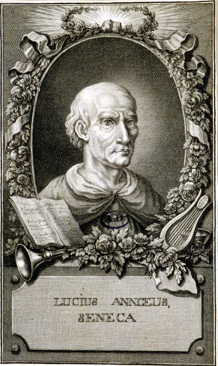 Porträtt av Seneca (4-65). Gravyr av 1794. Coll Maciet, bibliotek för dekorativ konst, Paris. av Unknown artist
