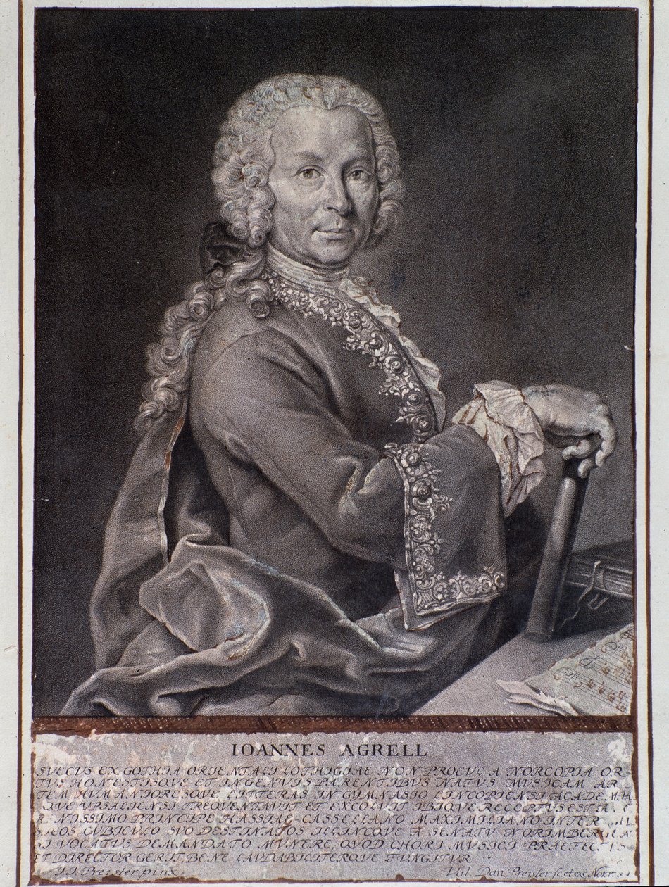 Porträtt av den svenske kompositören och violinisten Johan Joachim Agrell (gravyr av Unknown artist
