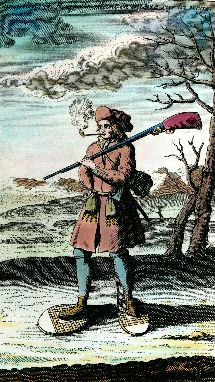 Porträtt av en kanadensare i snöskor på snön som går till krig. 1700-talsgravyr. Privat samling. av Unknown artist